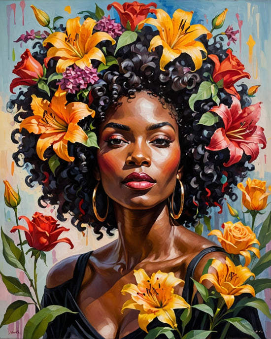 A beautiful, radiant Black woman with natural curly afro garnished with delicate lilies. 