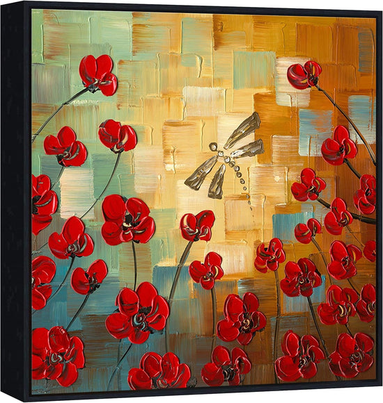 Framed Dragonfly Floral Impressionist Canvas Wall Art-0