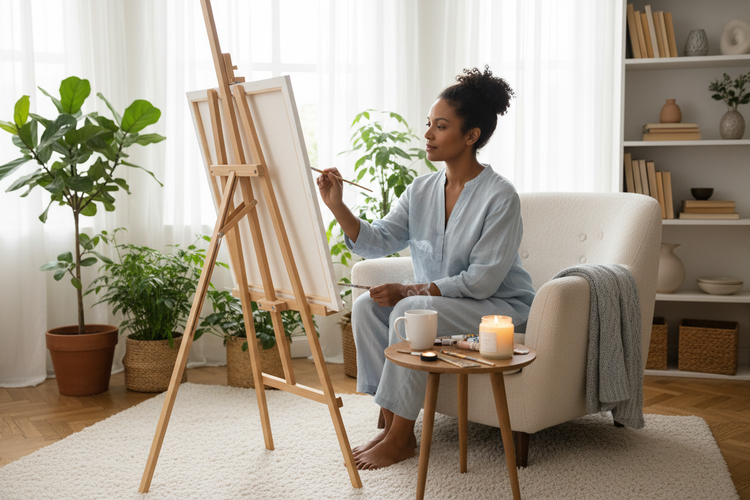 African American woman painting in calming living room