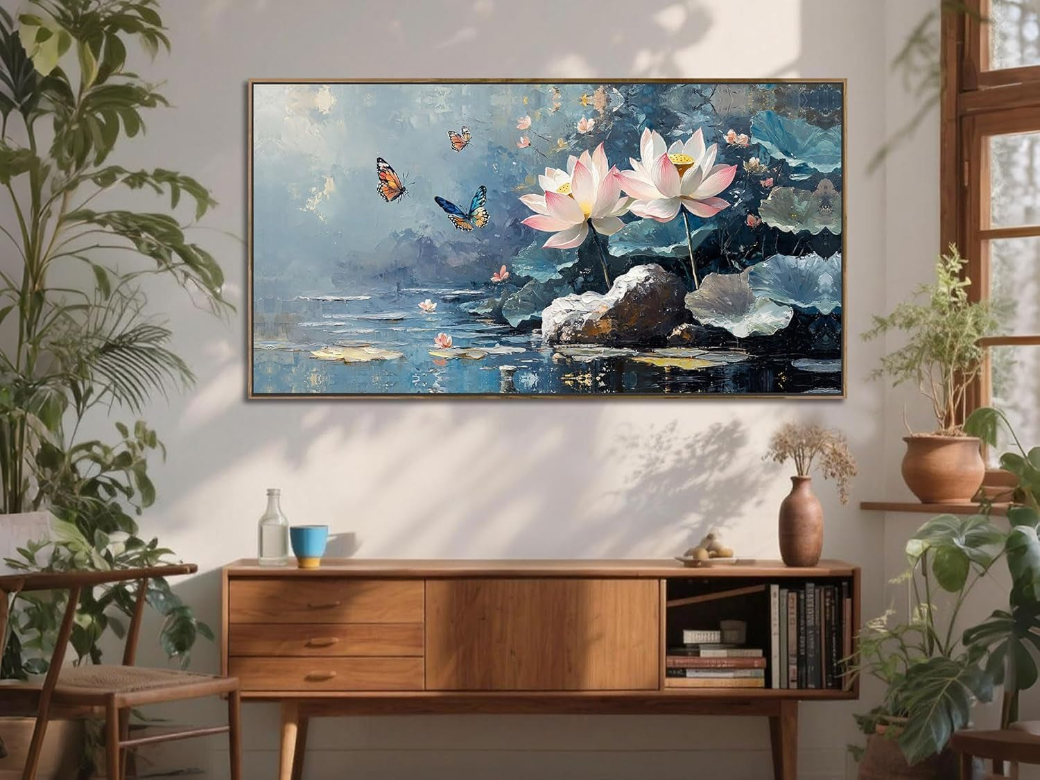 Elegant Floral Lotus Canvas Wall Art 40x20 Framed Canvas-2