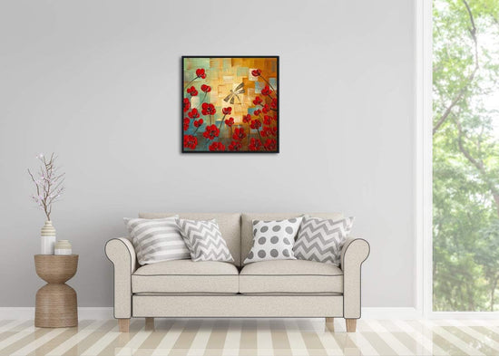 Framed Dragonfly Floral Impressionist Canvas Wall Art-1