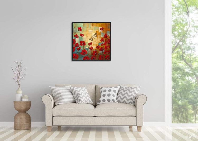 Framed Dragonfly Floral Impressionist Canvas Wall Art-1
